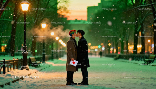Couple sharing a tender kiss in snowy park at sunset