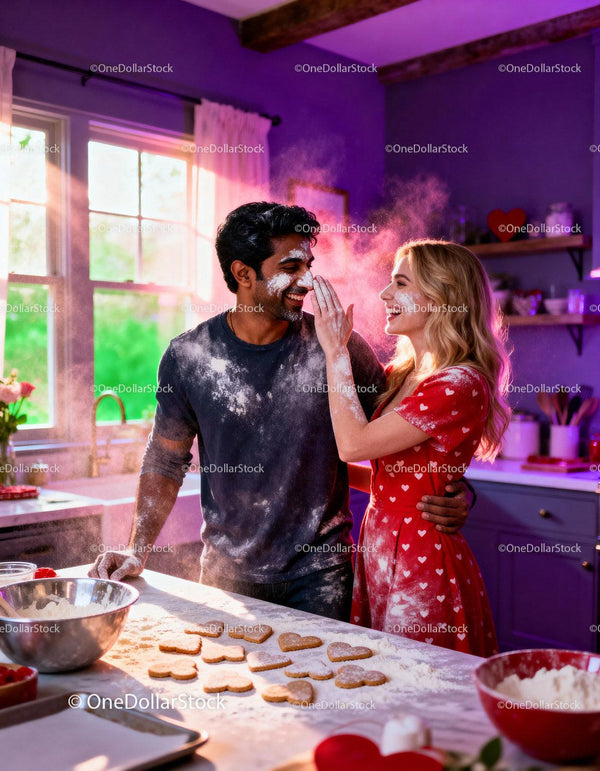 Couple playfully baking heart cookies in cozy kitchen