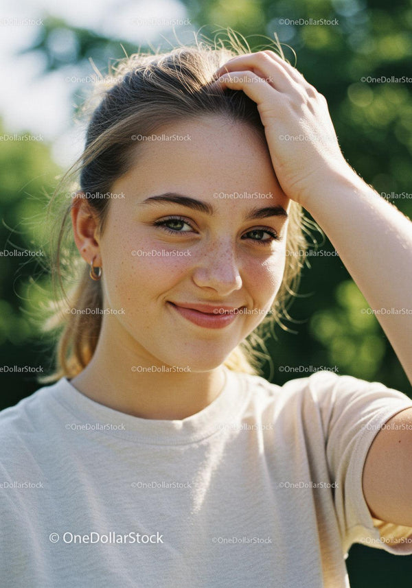 Smiling Young Woman with Green Foliage Background in Outdoor Portrait