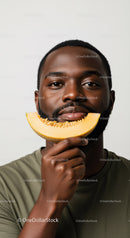 Portrait of a Man with Melon Slice Showing a Bright Smile in Casual Style