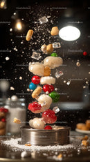 Colorful Candy Explosion in Mid-Air with Sugar Crystals