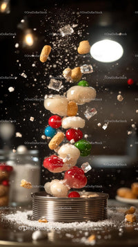 Colorful Candy Explosion in Mid-Air with Sugar Crystals