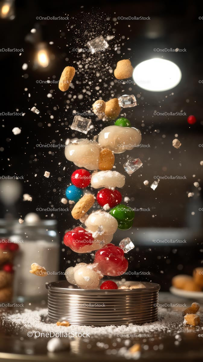Colorful Candy Explosion in Mid-Air with Sugar Crystals