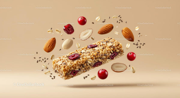 Zdrowy Baton Granola z Orzechami i Żurawiną Unoszący się w Powietrzu