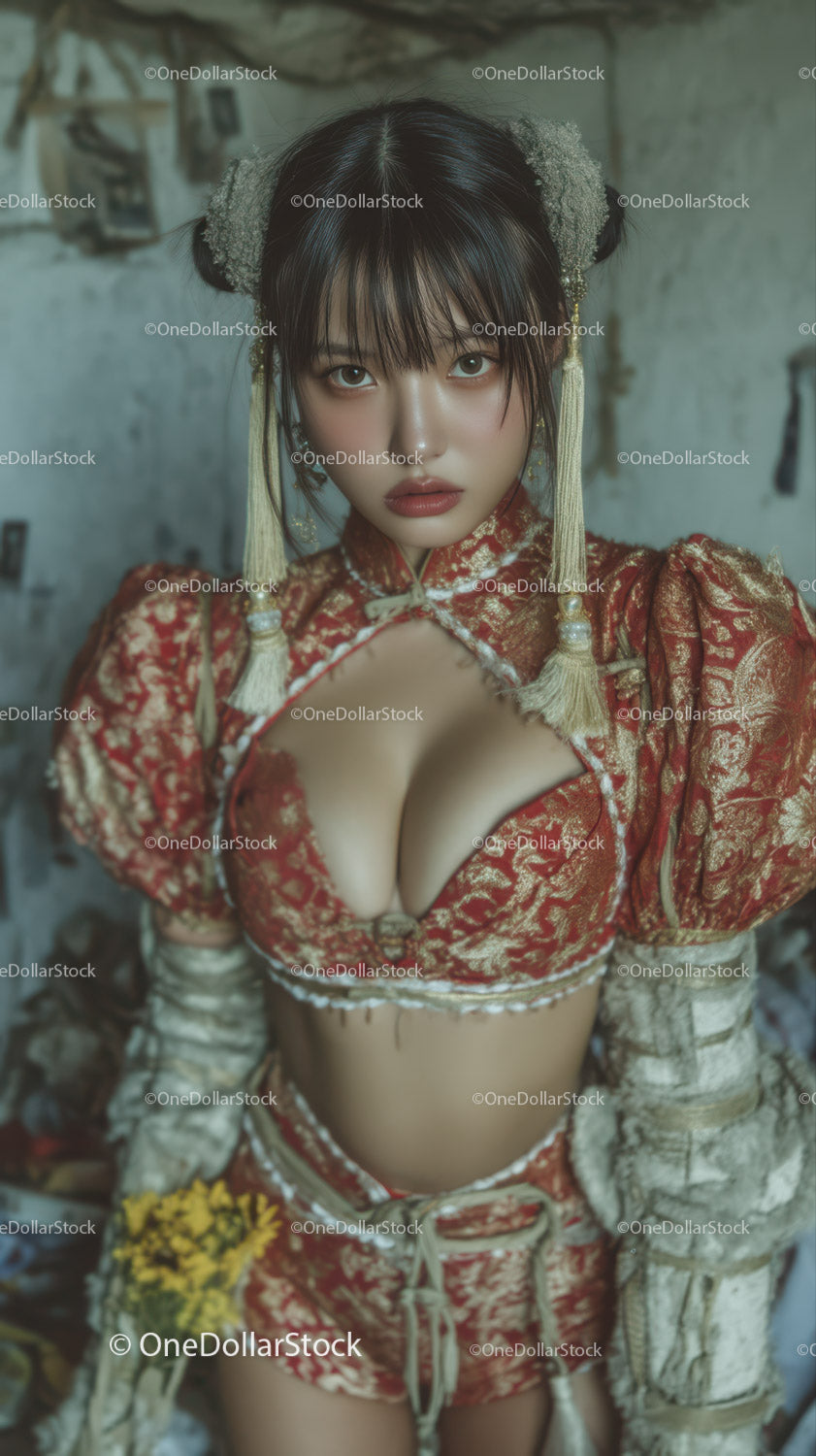 Elegant Woman in Red and Gold Traditional Costume with Modern Flair