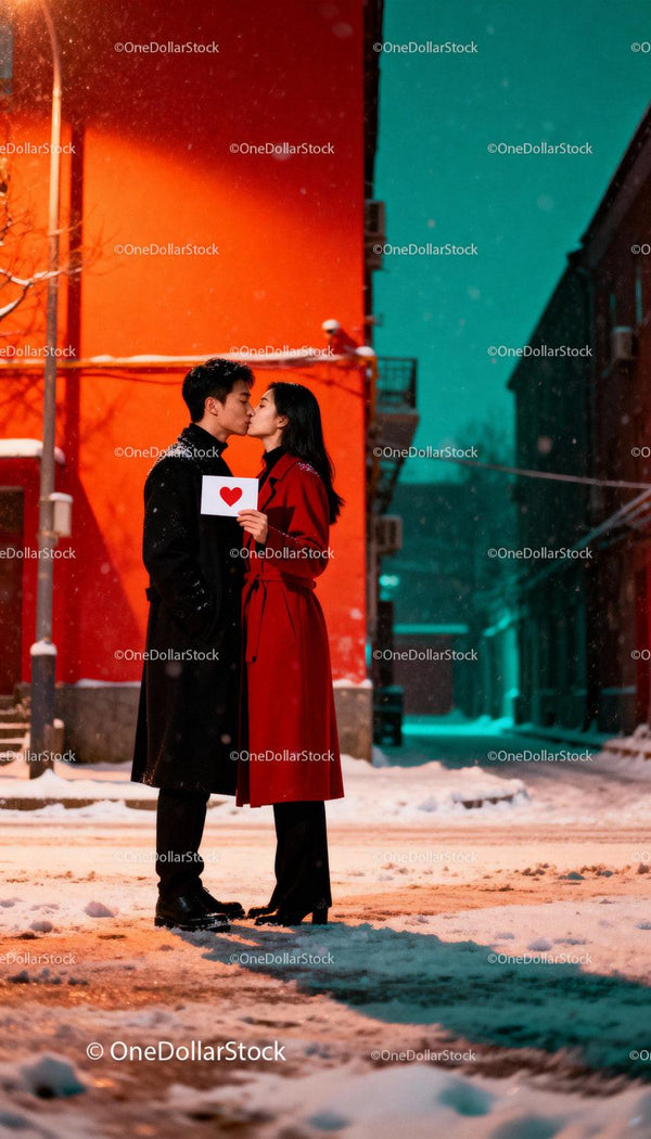 Couple Sharing a Romantic Kiss on a Snowy Winter Street