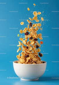 Cornflakes and dried fruit flying into white bowl