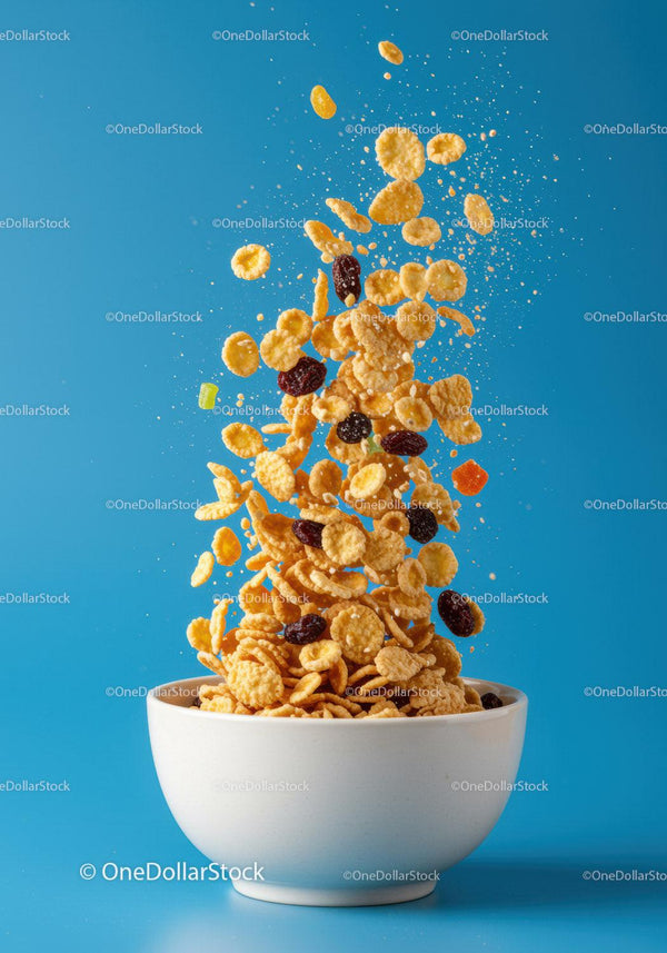 Cornflakes and dried fruit flying into white bowl