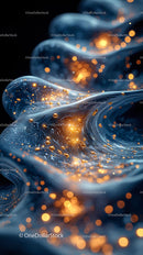Abstract Fluid Motion with Glowing Gold Particles and Light Reflections