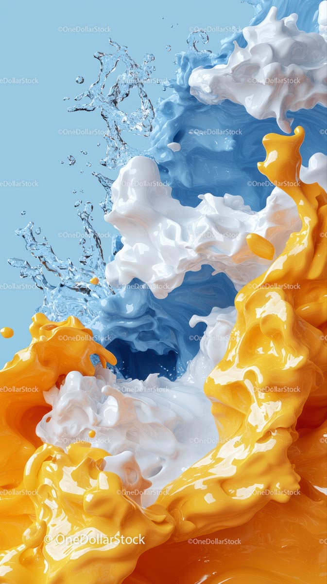 Abstract Liquid Paint Swirls with Blue White and Yellow Colors
