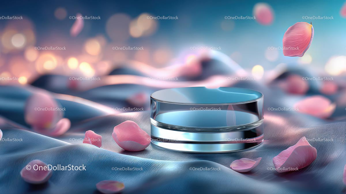 Elegant Glass Jar of Skincare with Pink Petals on Soft Fabric