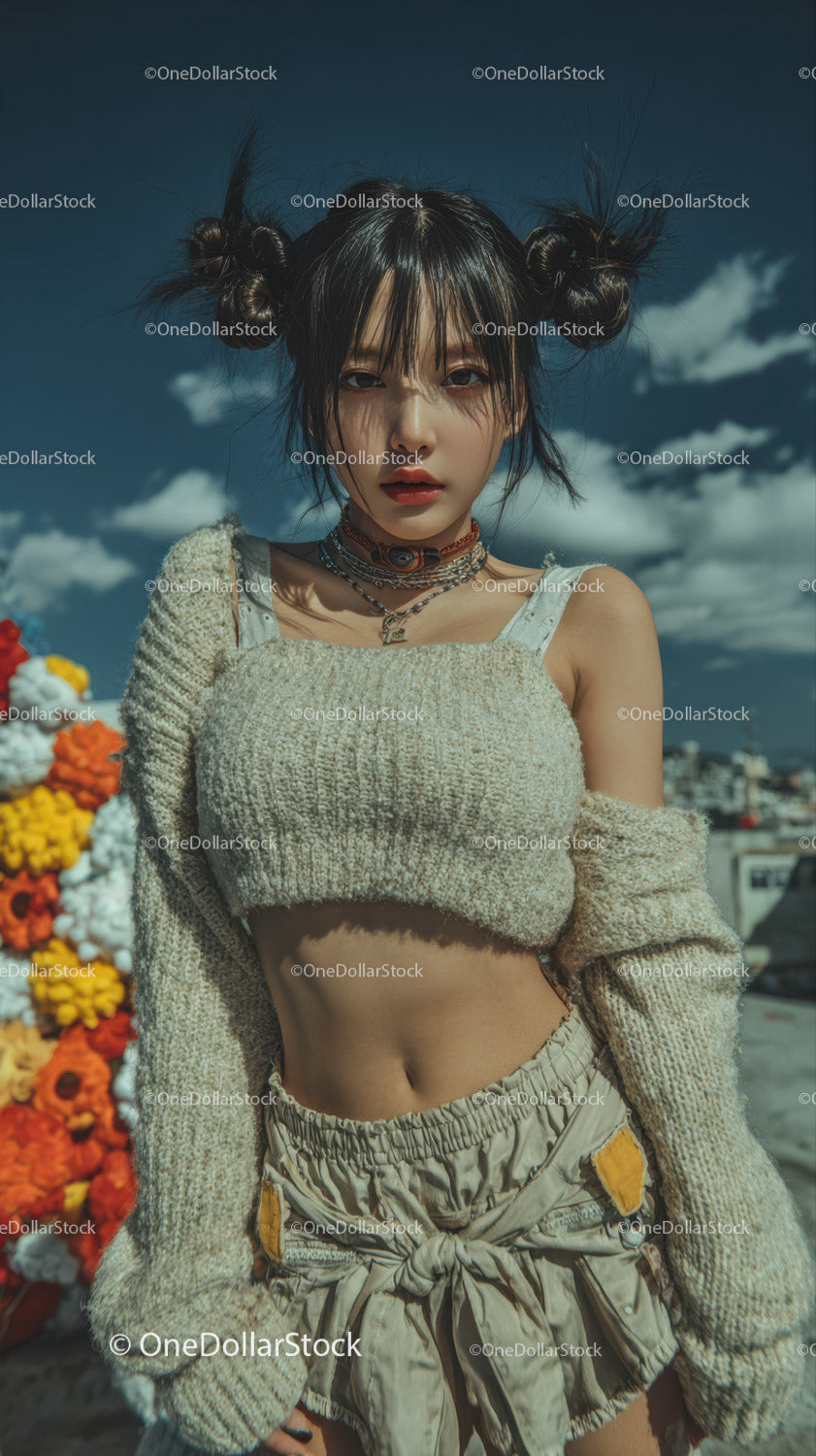 Edgy Young Woman in Summer Street Style with Playful Hair Buns