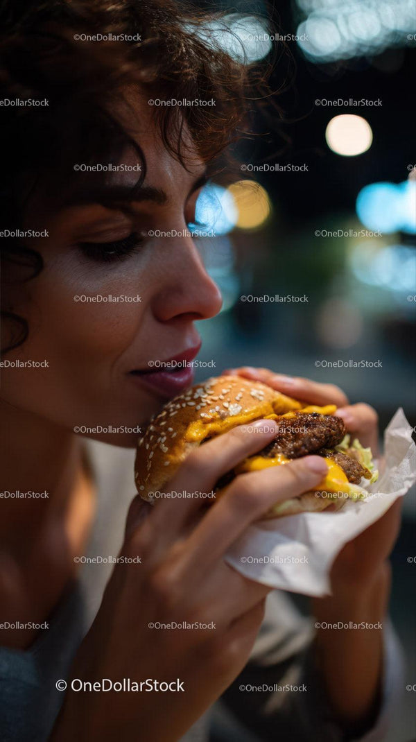 Zbliżenie na kobietę delektującą się soczystym cheeseburgerem w nocnym mieście
