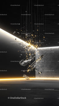 Asteroid Impact in Outer Space with Shattering Fragments and Celestial Light