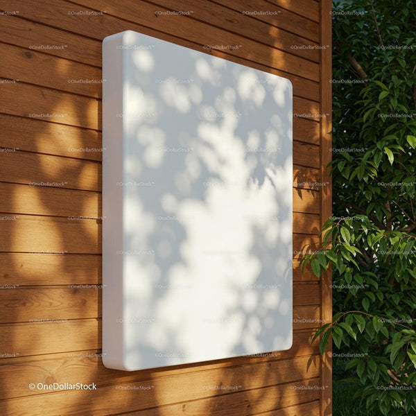 Modern white panel on wooden wall with green foliage JPG Mockup Image