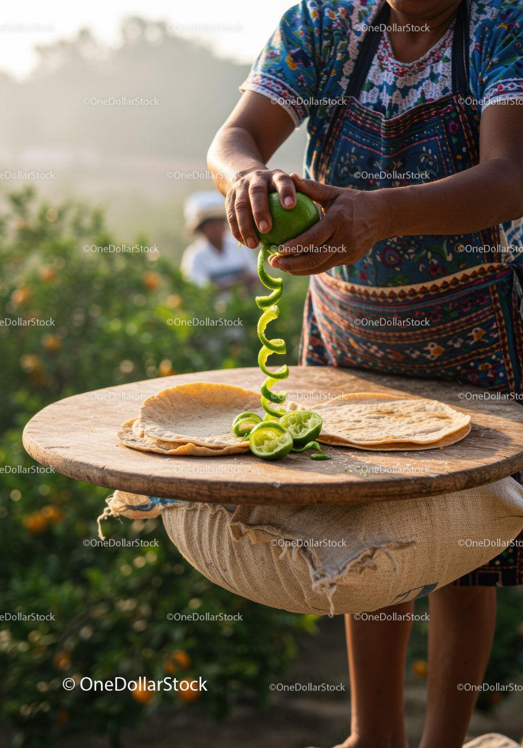 Woman Peeling Fresh Lime Over Handmade Flatbreads