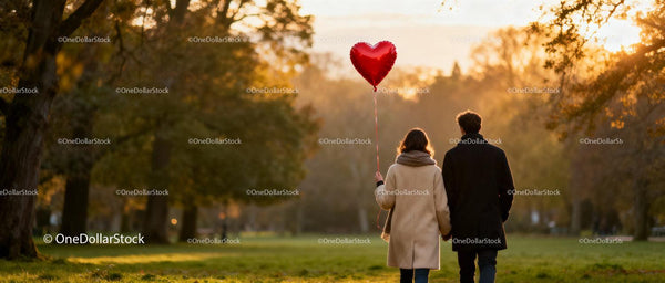 Couple walking hand in hand with heart balloon at sunset