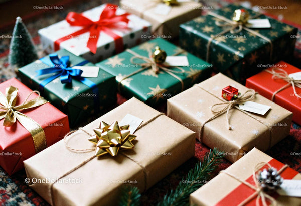 Assorted Wrapped Holiday Gifts on Festive Carpet