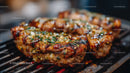 Juicy Charred Steak Grilling on Outdoor BBQ With Smoke and Herbs