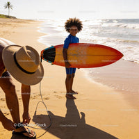 Young boy holding surfboard on sunny sandy beach