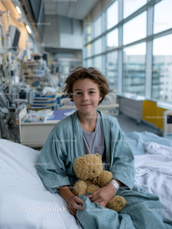 Young boy with teddy bear in hospital room at modern medical facility