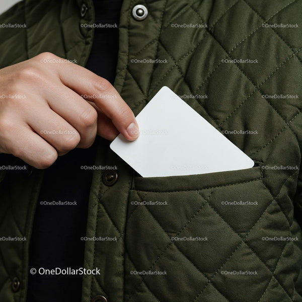 Hand placing blank card into quilted jacket pocket JPG Mockup Image