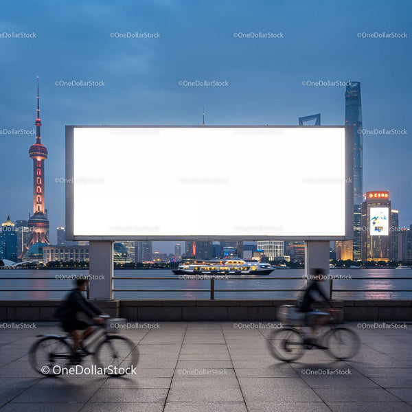 Evening cityscape with cyclists and blank billboard JPG Mockup Image