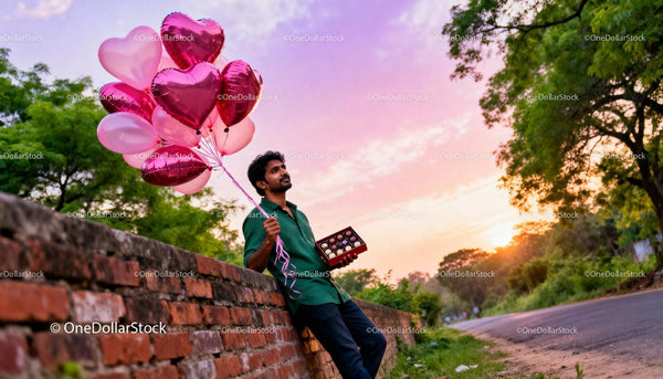 Man Holding Heart Balloons and Chocolates at Sunset