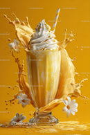 Vanilla Ice Cream Sundae with Caramel and Flowers on Yellow Background