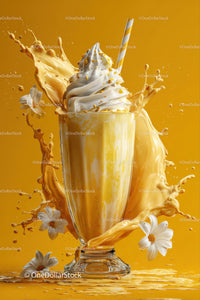 Vanilla Ice Cream Sundae with Caramel and Flowers on Yellow Background