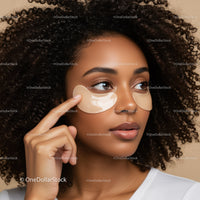 Woman with Curly Hair Applying Eye Patches for Skincare Routine