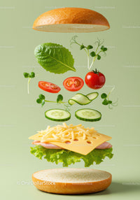 Fresh sandwich ingredients floating on pastel background