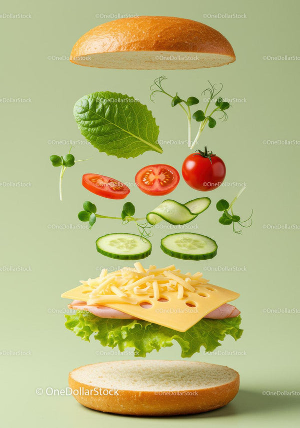 Fresh sandwich ingredients floating on pastel background