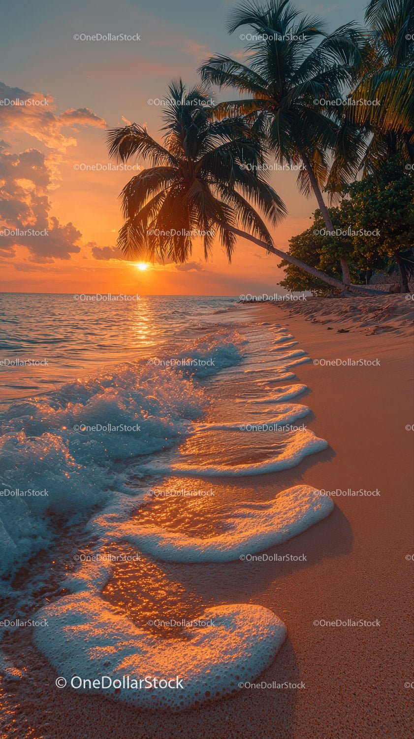 Zachód słońca nad tropikalną plażą z palmami i falami oceanu