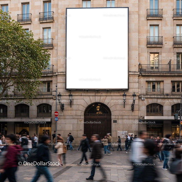 Crowded urban street with blank billboard on historic building JPG Mockup Image