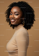 Beautiful African Woman with Curly Hair Wearing Beige Turtleneck