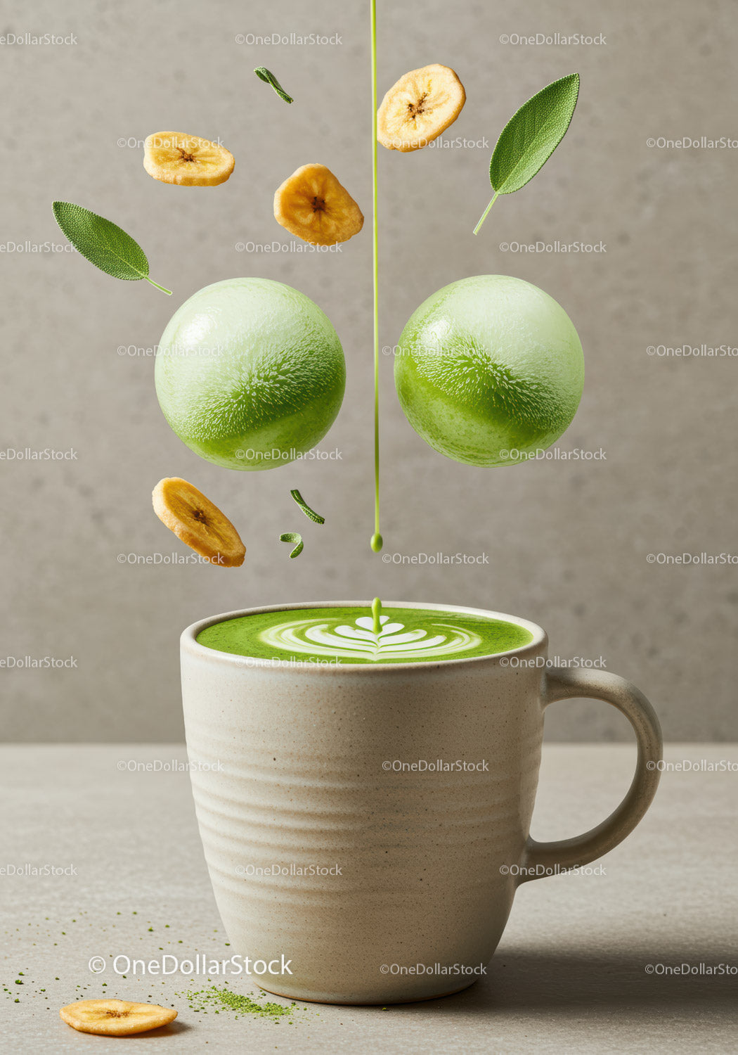Creamy matcha latte with banana chips and fresh leaves