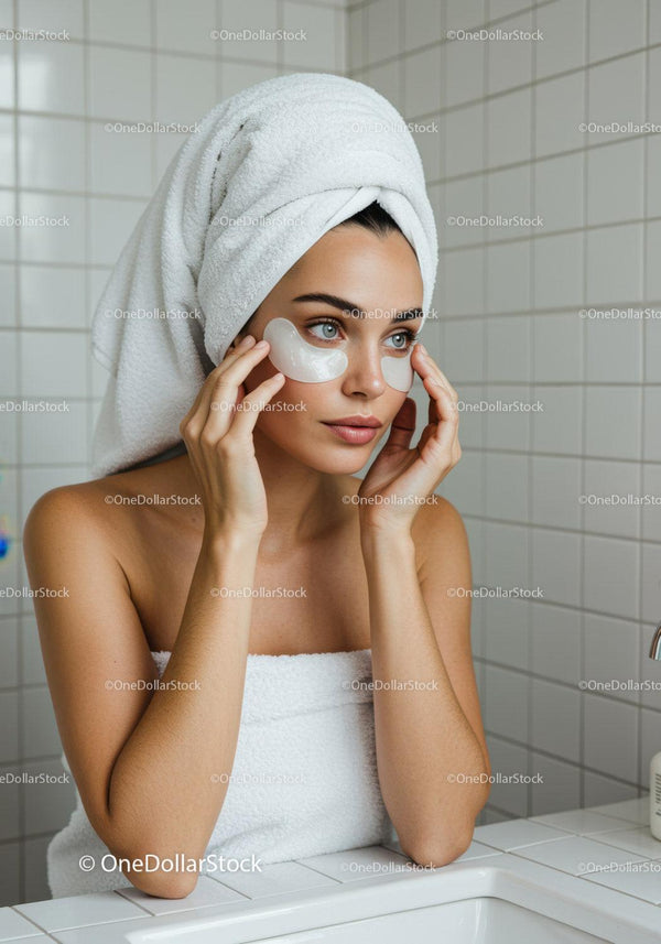 Young woman applying under eye patches in white bathroom