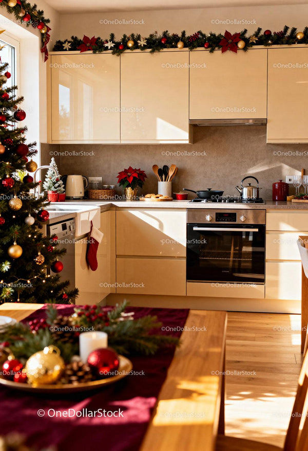 Cozy Christmas Kitchen with Festive Holiday Decorations