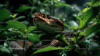 Close-up of a Hidden Snake Head among Green Jungle Leaves