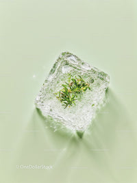 Fresh herb encased in textured ice cube on light surface