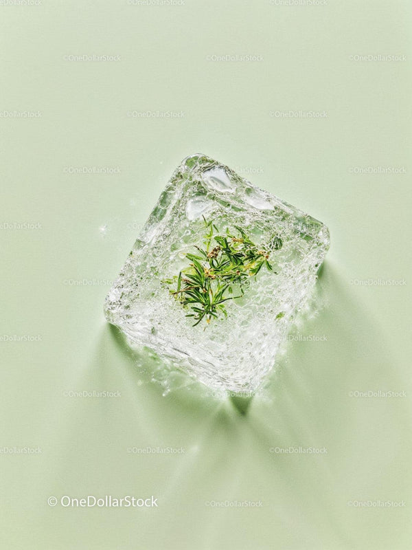 Fresh herb encased in textured ice cube on light surface