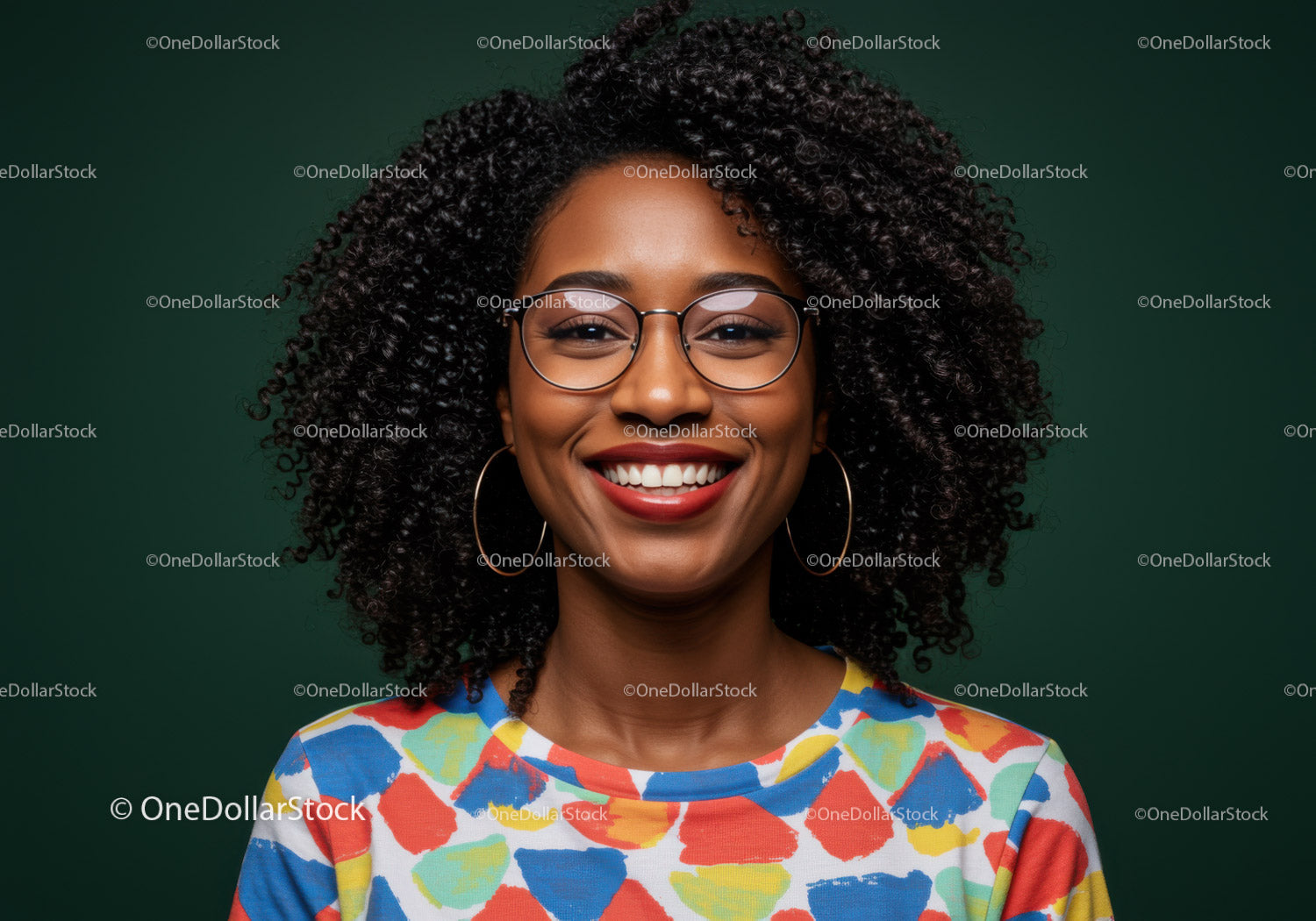 Smiling Woman with Curly Hair and Glasses in Vibrant Dress