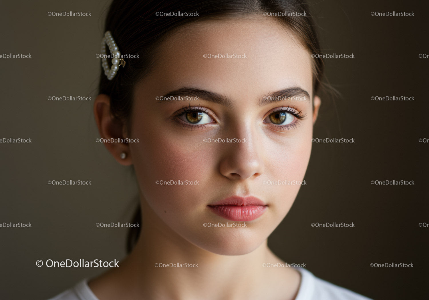 Elegancki portret młodej kobiety o brązowych oczach i perłowej ozdobie we włosach