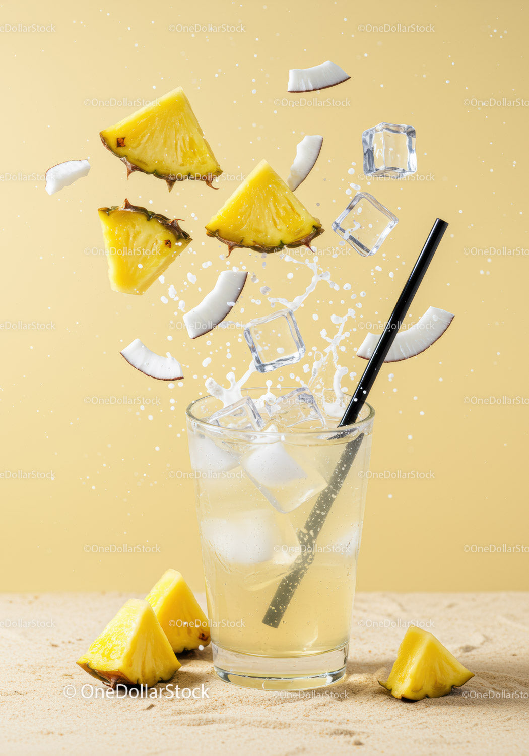 Refreshing Pineapple Coconut Drink with Ice Cubes Splash