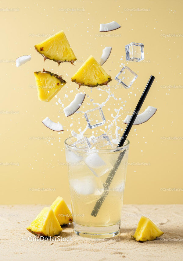 Refreshing Pineapple Coconut Drink with Ice Cubes Splash