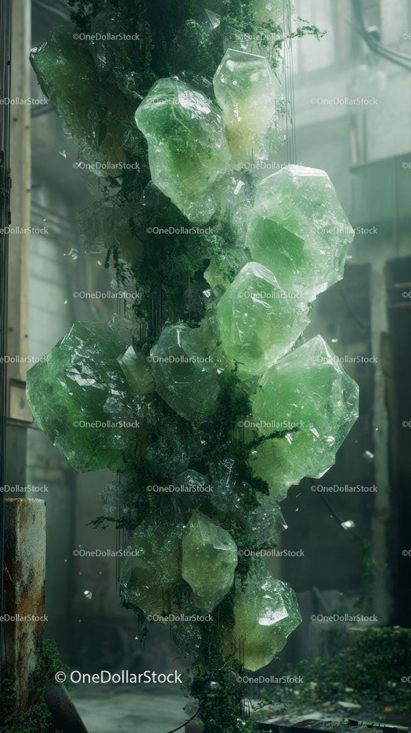 Large Green Mineral Crystals with Moss in Urban Decay Scene