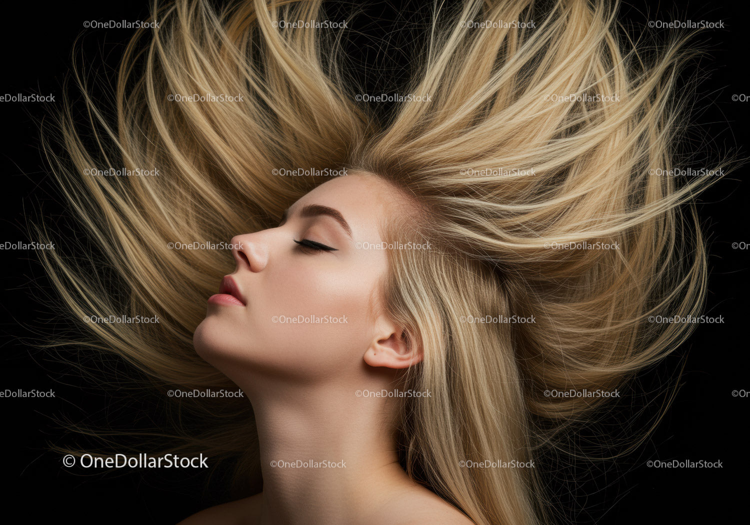 Profile of serene blonde woman with flowing hair
