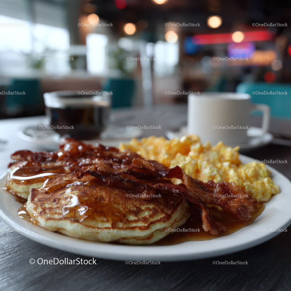 Delicious Breakfast Plate with Pancakes, Bacon, and Scrambled Eggs