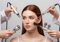 Young Woman Receiving Advanced Facial Skincare Treatment with Multiple Tech Devices